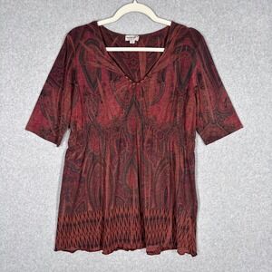 One World Fairy Grunge Babydoll Tunic Top Medium Red Paisley Beaded Dark Flowy